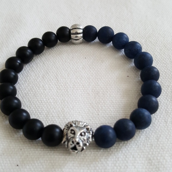 🖤🖤MENS BLACK&NAVY BLUE ONYX&LION HEAD BRACELET - Picture 2 of 7